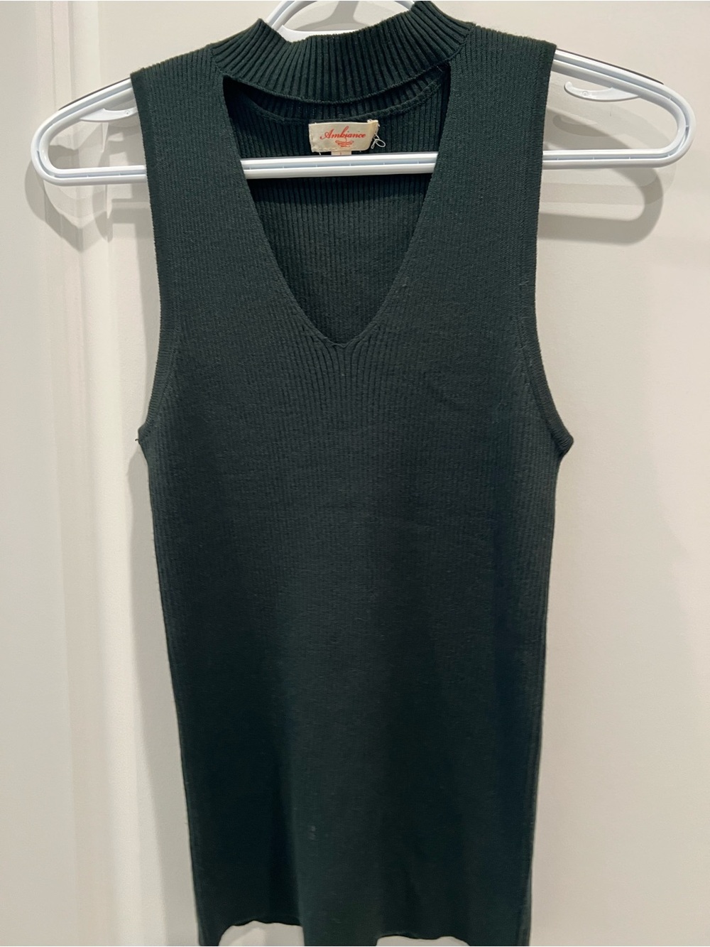 Ambiance Dark Green Sleeveless Ribbed V-Neck Cut Out Top